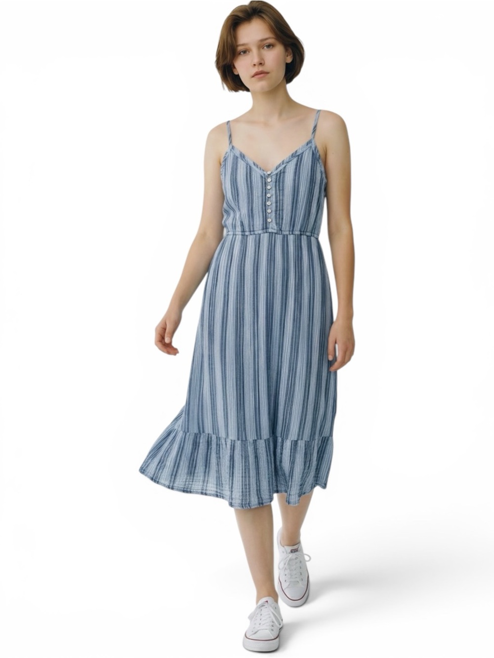 Aerie Striped Blue White Spaghetti-Strap Airy Cotton Gauze Midi Dress Medium